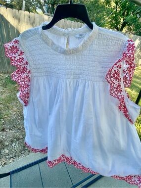 crown & ivy White Cotton Smocked Blouse with Red Embroidered Trim